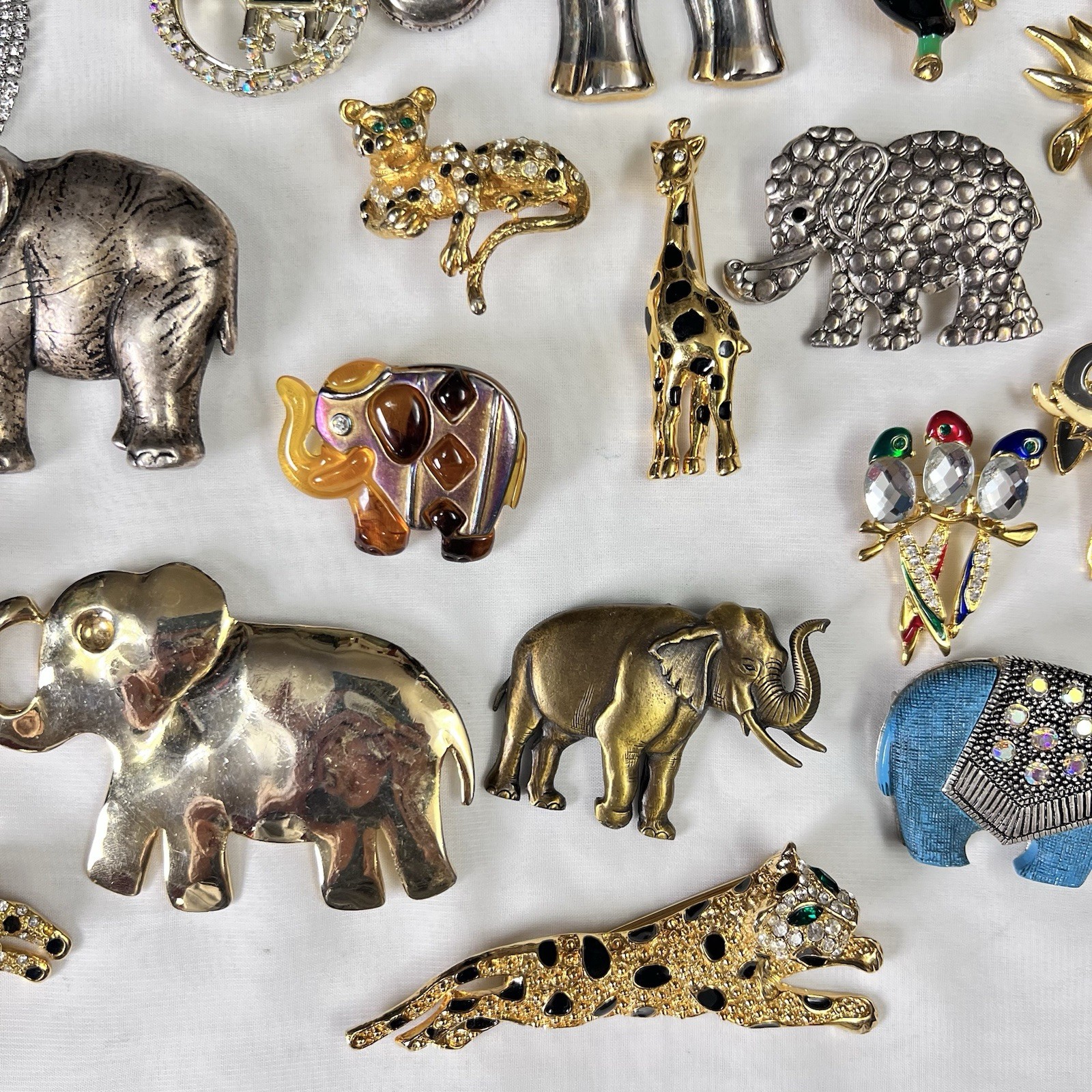Vintage Safari Animal Brooch Pin Lot of 18 Faux Pearl Crystal Enamel Gold Tone