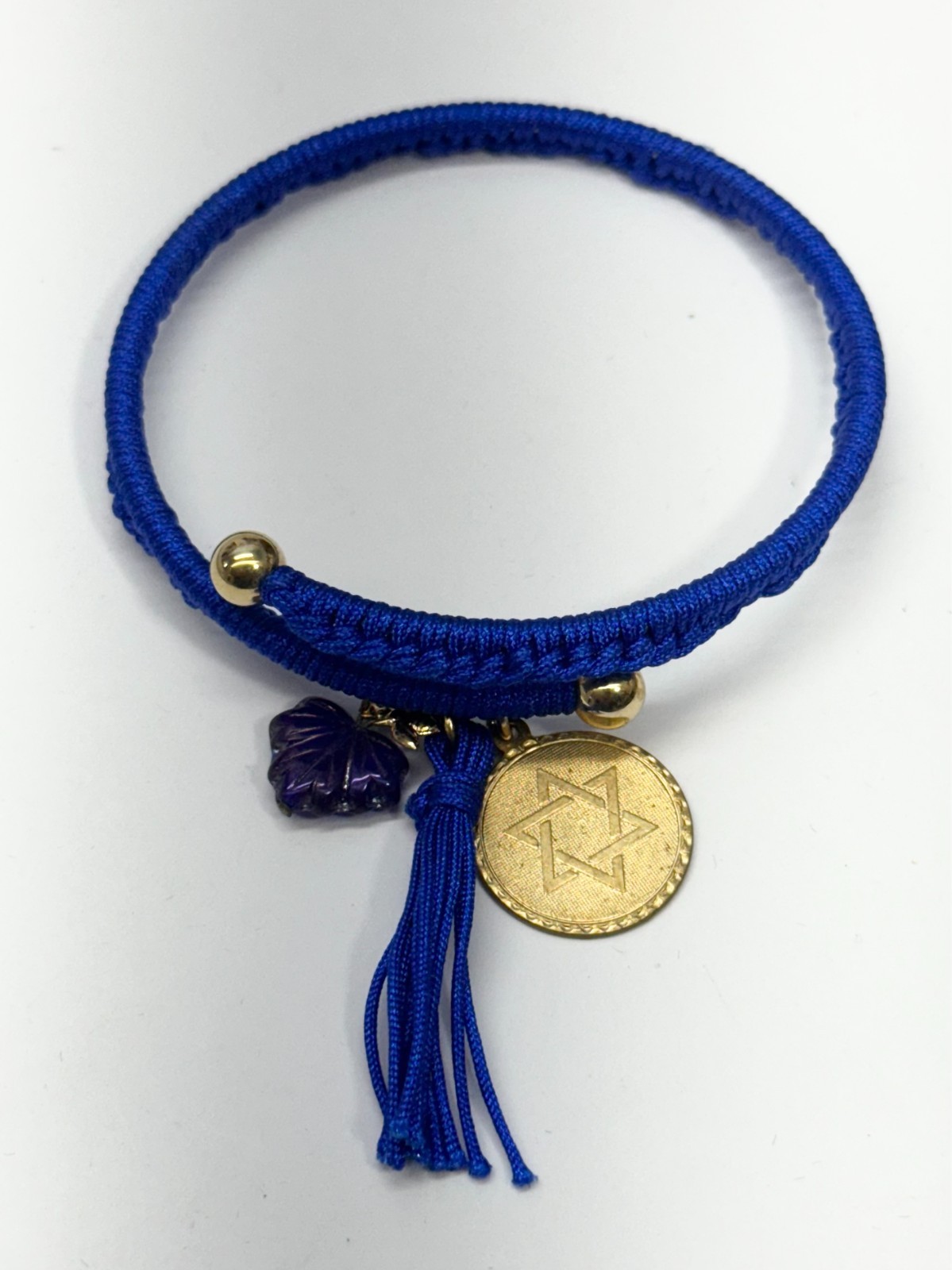 Vintage blue Jewish star glass leaf charm tassel bracelet bangle