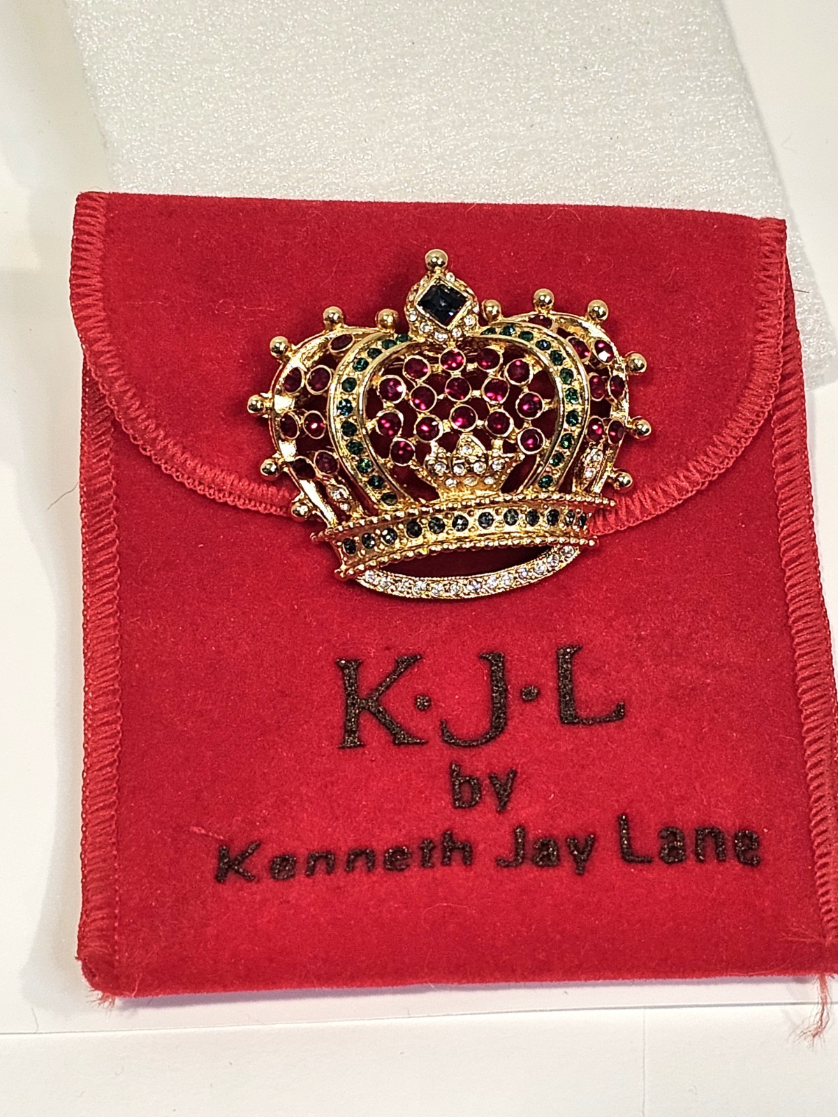 Kenneth Jay Lane crown brooch multicolor signed KJL with red pouch