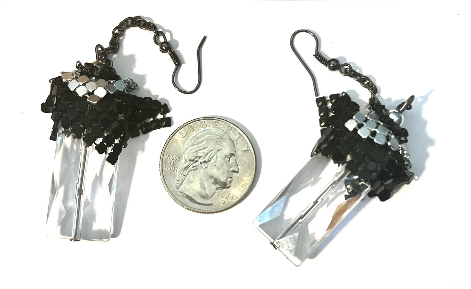 Vintage Retro Dangle Black And Silver Tone Metal Chain And Crystal Hook Earrings