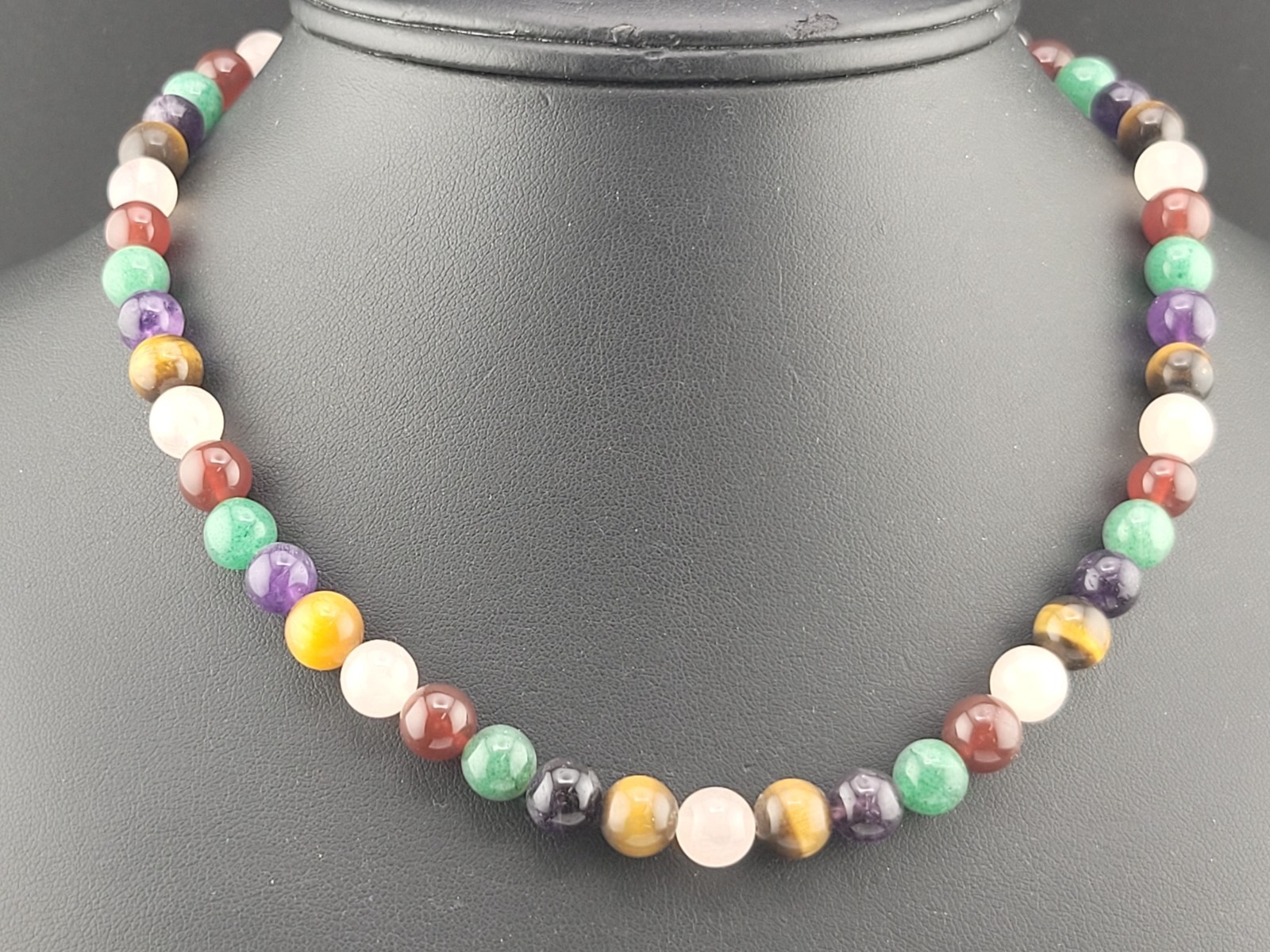 Multi Color Rose Quartz Tiger Eye Jade Amethyst Stone Beads 17″ Necklace