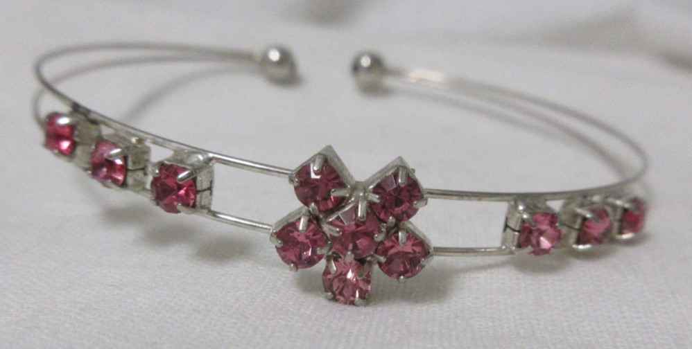 Vintage Silver Tone Pink Rhinestone Flower Cuff Bracelet 6 1/2 Inches