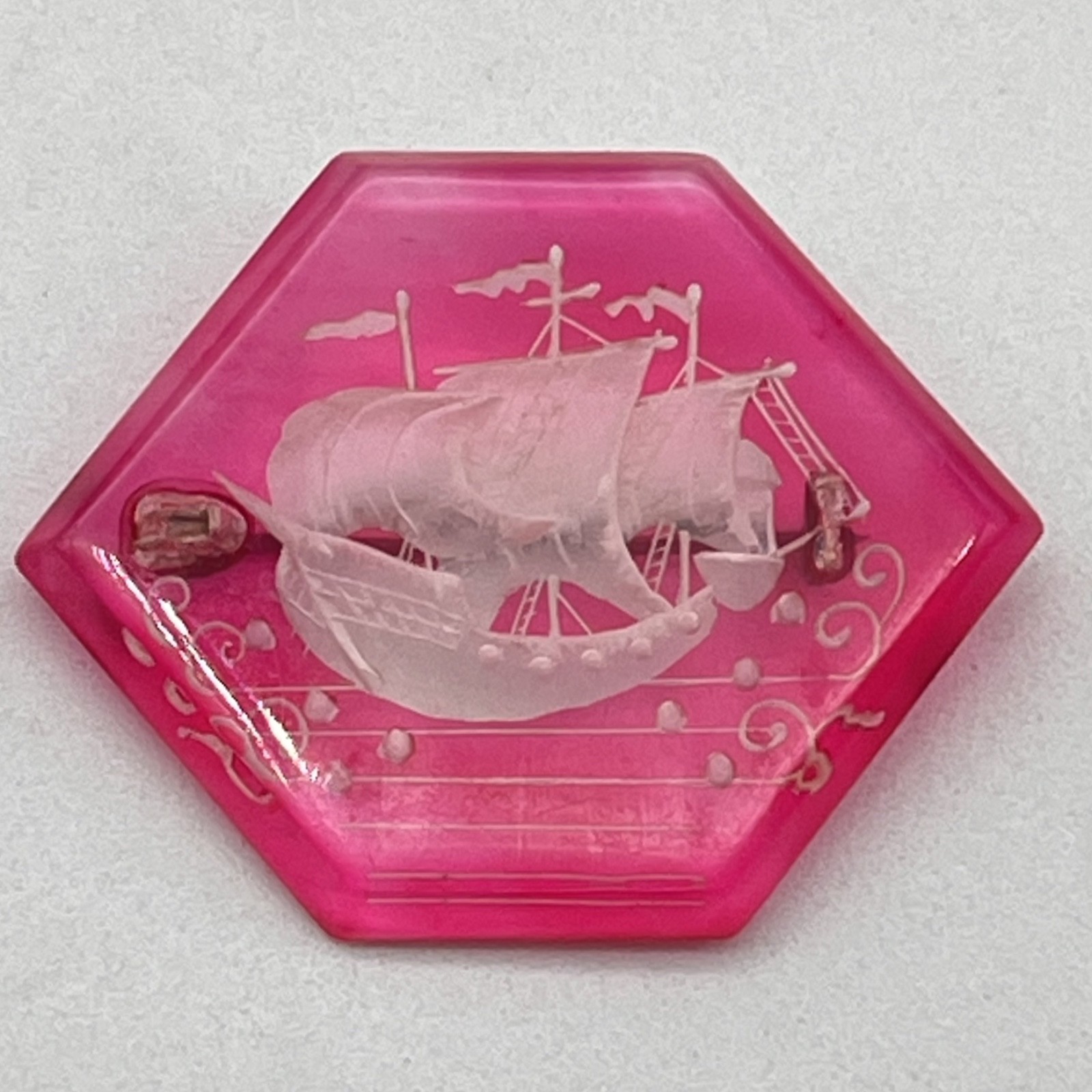 Vintage Intaglio Brooch Pink Lucite Sailing Ship Reverse Carved RARE
