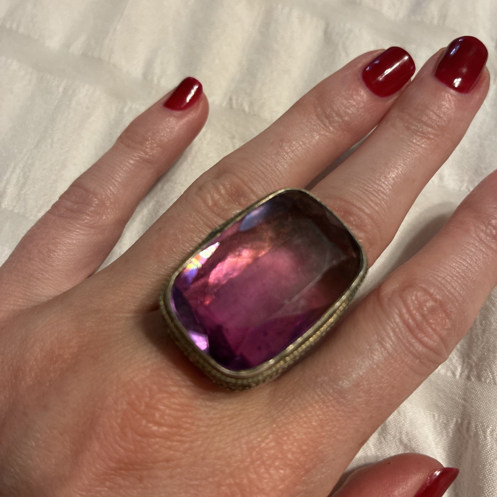Vintage Large Purple Crystal 925 Sterling Silver Gold Ring Adjustable One Size