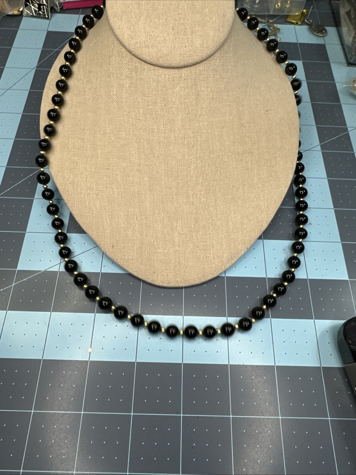 VINTAGE 1990’S 14K GOLD FILLED 8.4MM BLACK ONYX BEADS 26” NECKLACE Pullover J103
