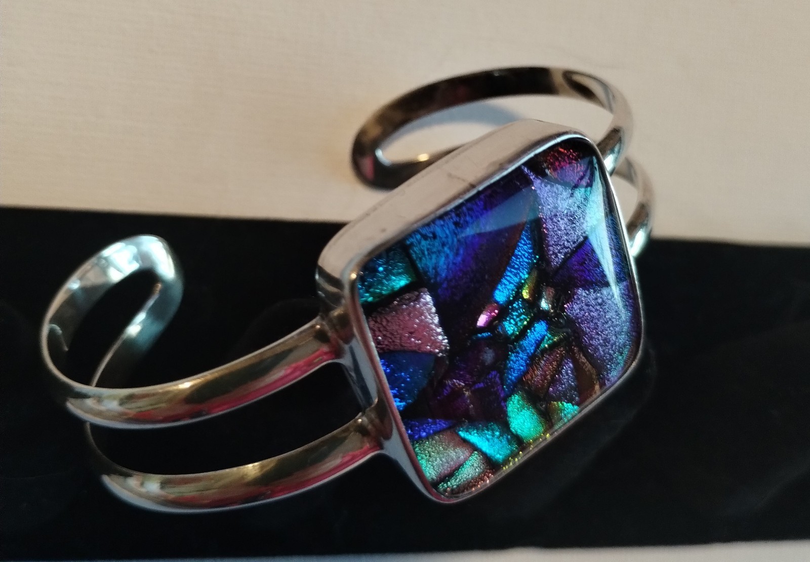 Handmade Small Purple Blue Dichroic Glass Sterling Silver Cuff Bracelet 6.5in