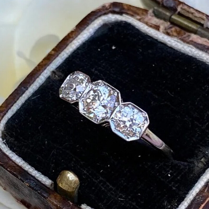 1.4Ctw White Round Cut Three Stone Simulated Diamond Art Deco Retro Silver Ring