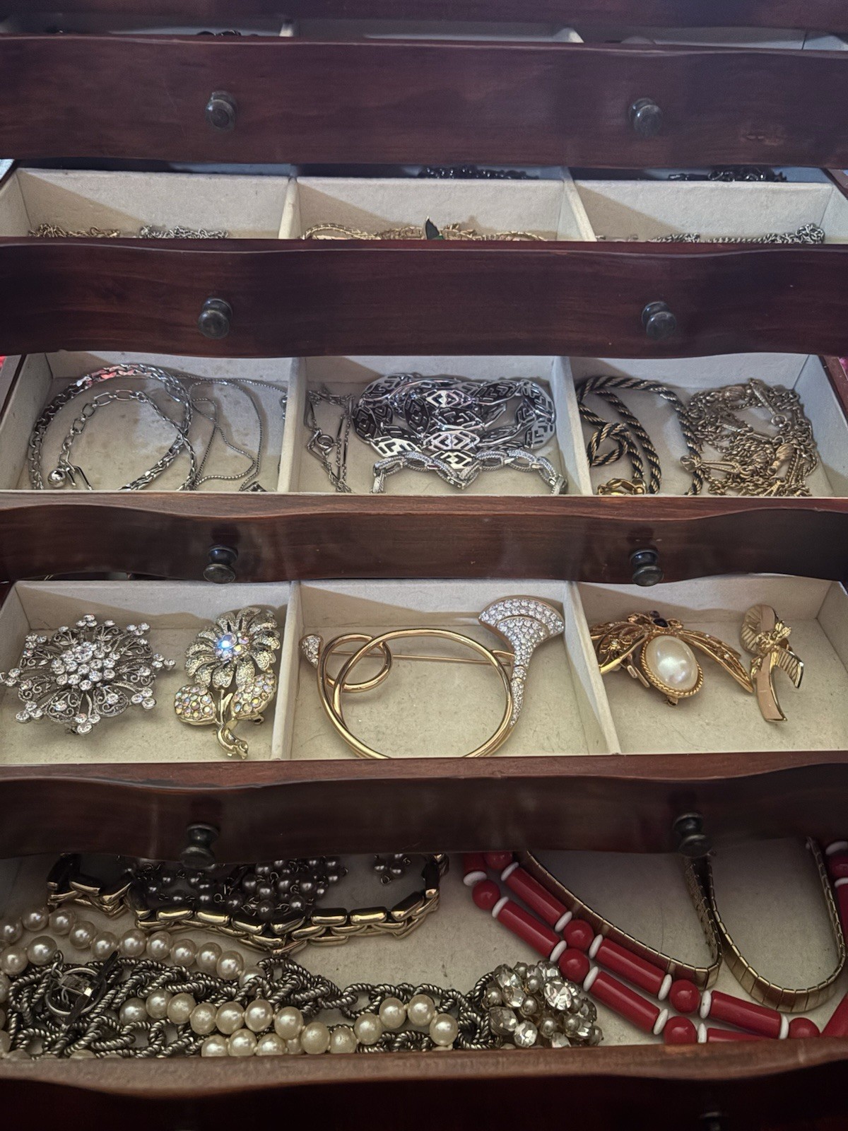 7 Tier Jewelry Box Full Of Trifari , Avon, Coro, Napier, Swarovski And Unbranded