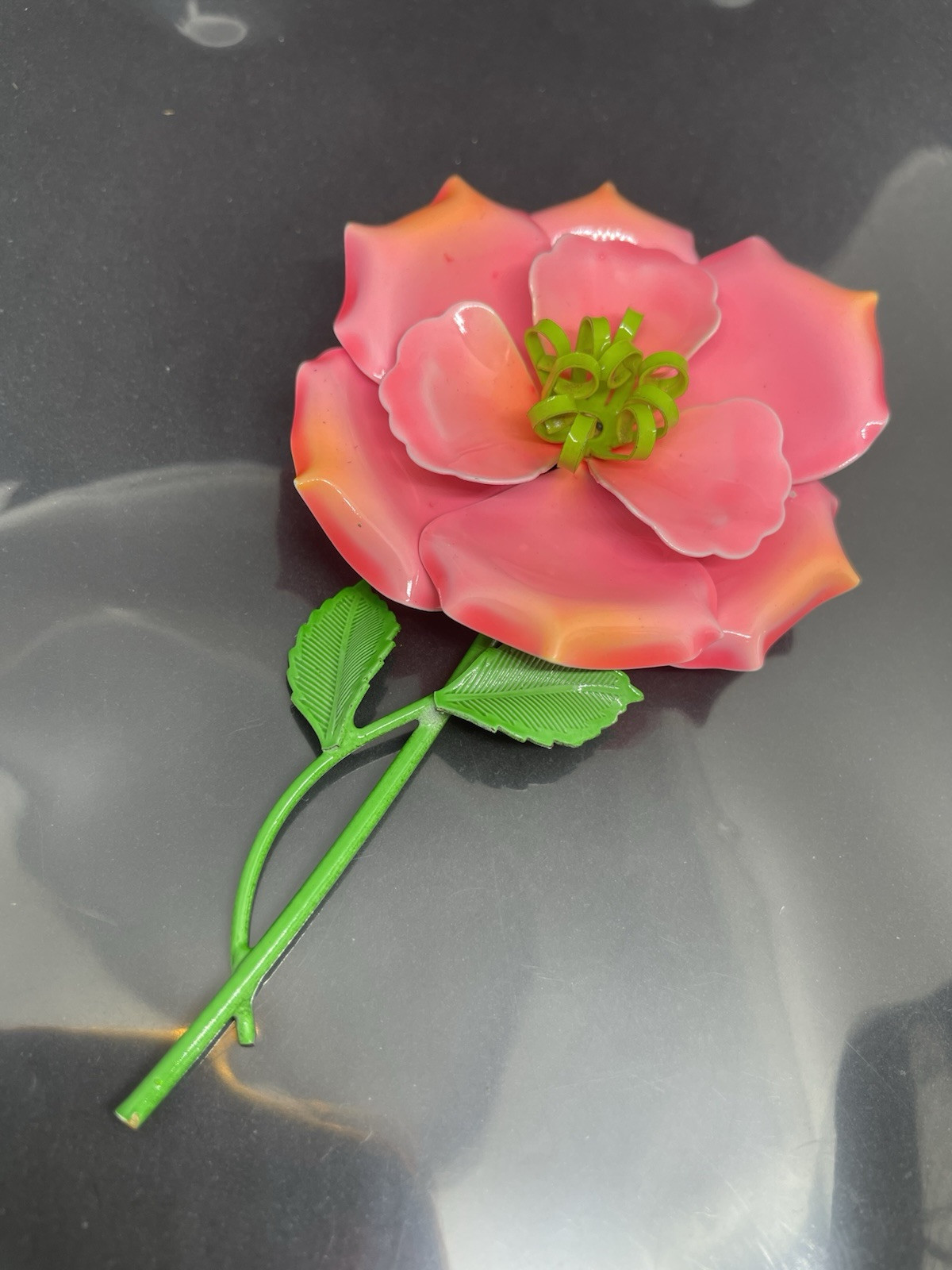 Vintage 1960’s MCM Pink And Green Enamel Layered Flower W/Stem 4.75” Brooch Pin