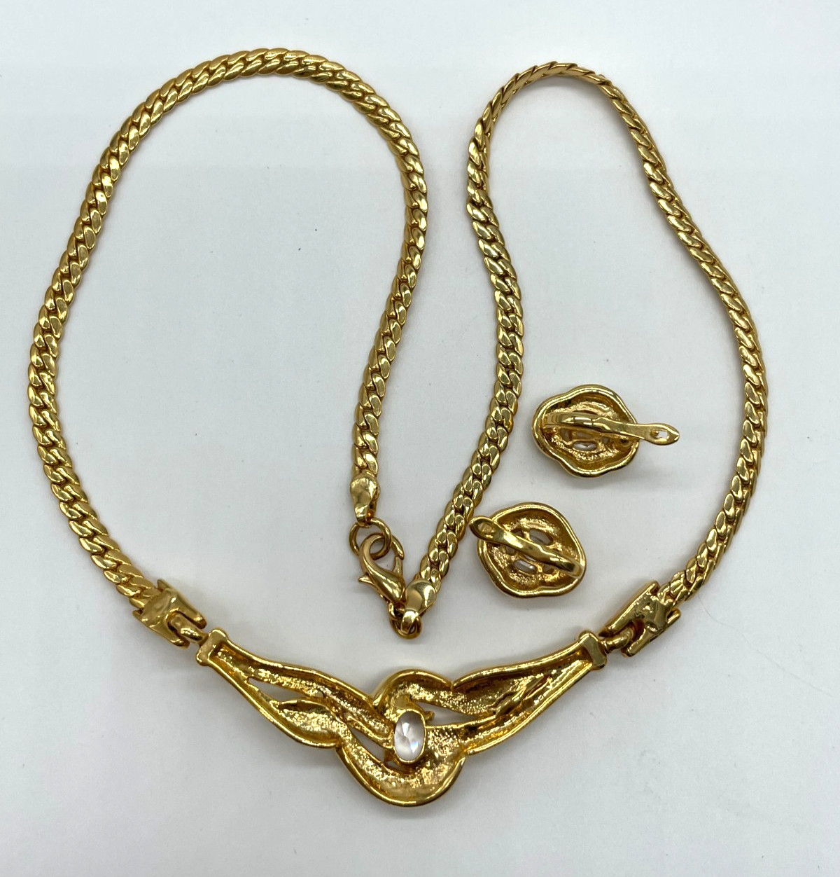 Gold Plated Herringbone chain with Rhinestone wave design pierced earrings set