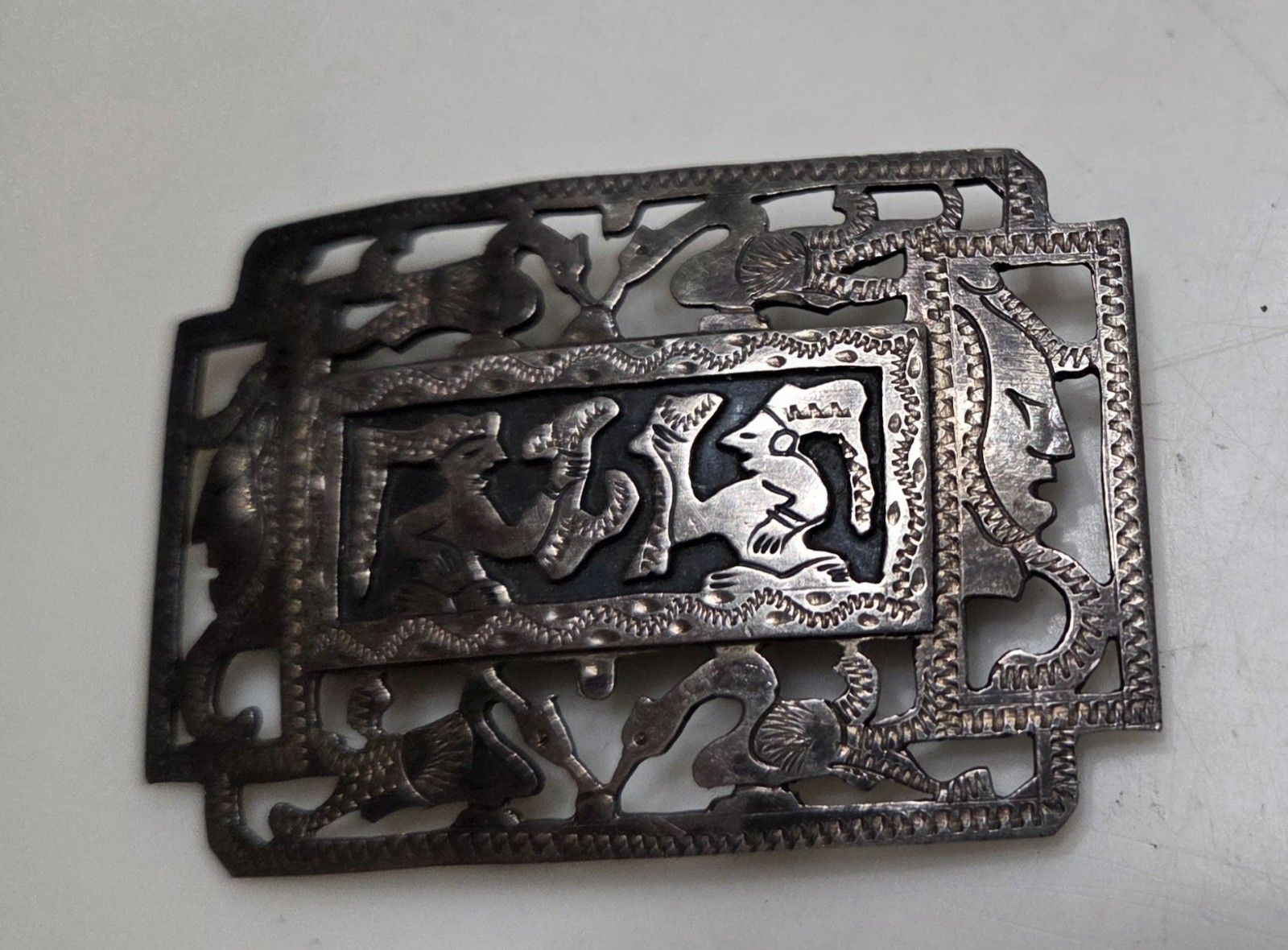 Antique 900 Silver Brooch Story Tellers Guatemala Warrior Mayan Inca 2″ Enamel