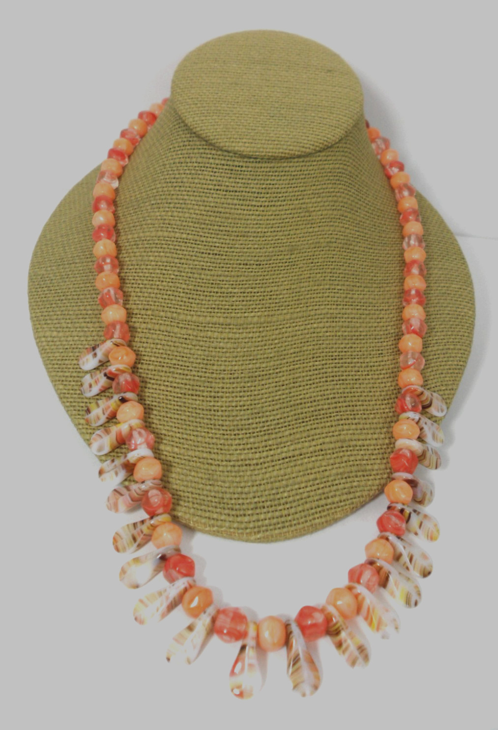 Art Glass Bead Necklace Fringe Drops Vintage Coral Orange Stripes Granny Core