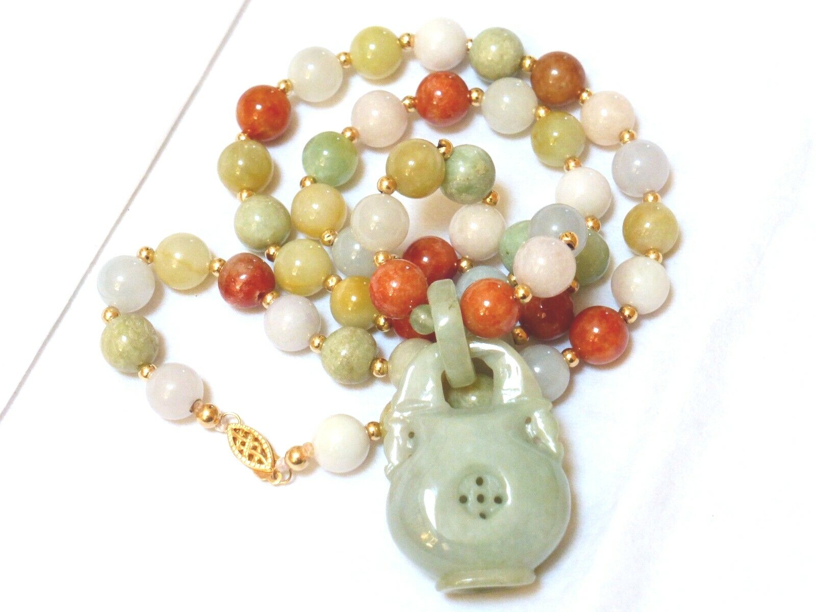 Vintage Chinese 14K GOLD Multi-Color Jade 9mm Beads Necklace Pendant, 22″