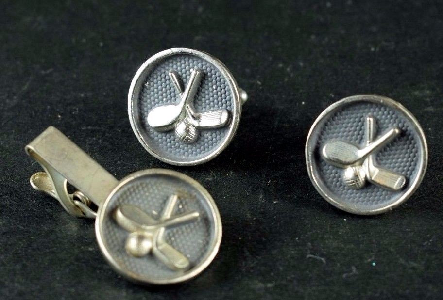 1940’s-50’s Heavyweight Golf Themed Men’s Tie Clip & Cuff Links Set Z28