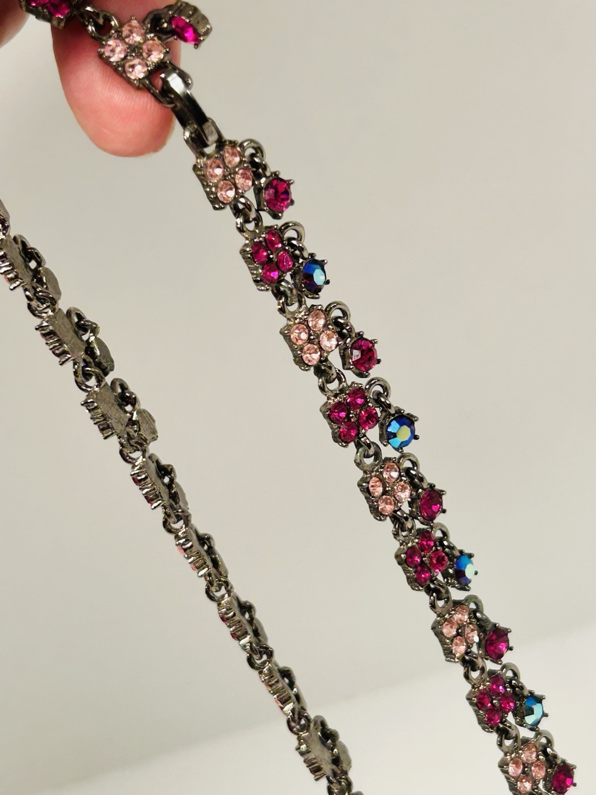 Gunmetal Rhinestone Statement Necklace Pink Fuchsia Fringe Vintage Style