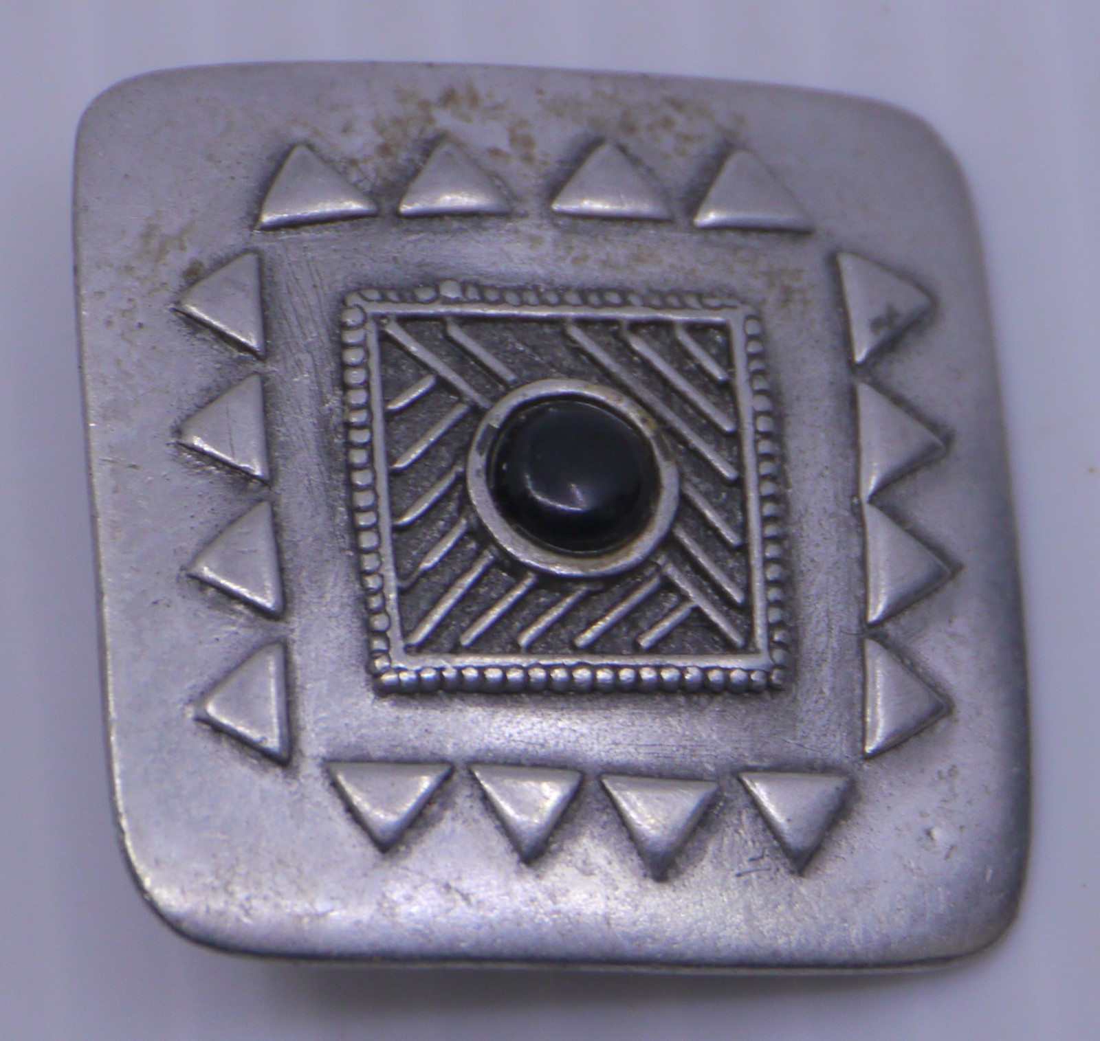 VINTAGE SQUARE SILVER TONED METAL EARRINGS WITH BLACK STONES FOR PIERCED EARS