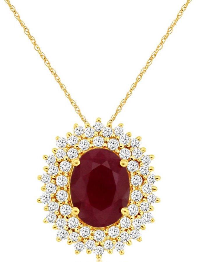 LARGE 1.53CT DIAMOND & AAA RUBY 14K YELLOW GOLD 3D OVAL & ROUND FLOATING PENDANT
