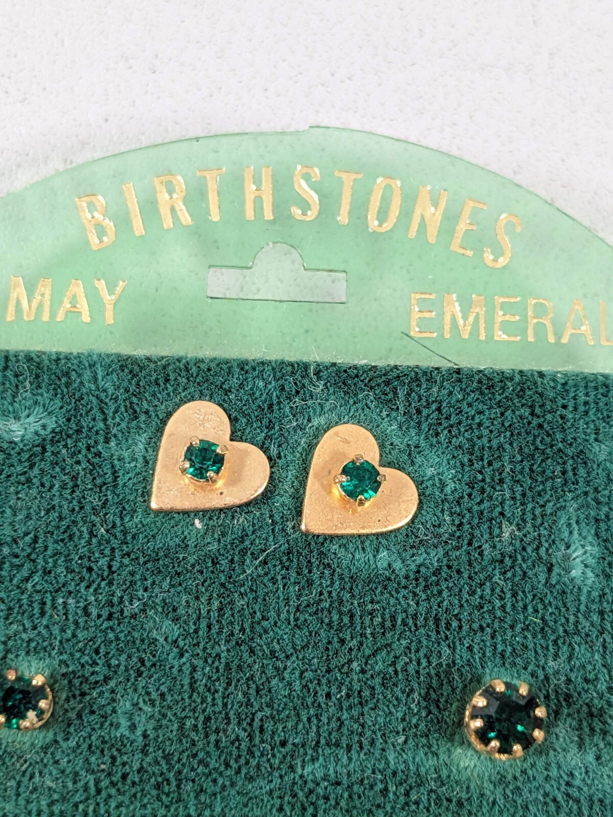 Vintage Goldtone May Birthstone Green Stud Pierced Earrings Heart Round Set of 3