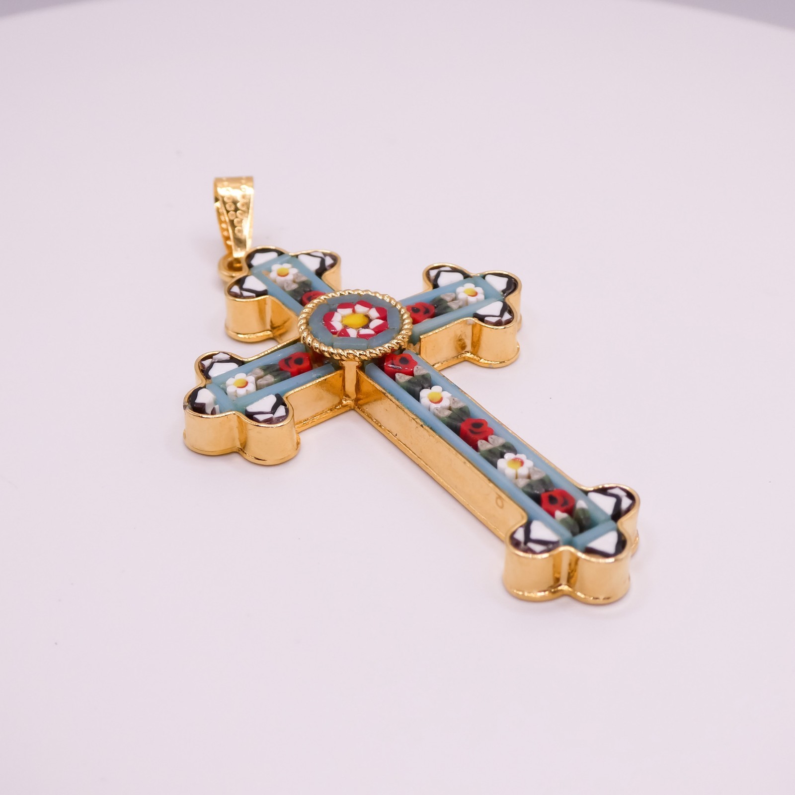 Vintage Italy Micro Mosaic Made In Italy Blue 2.7″ Large Gold Cross Pendant
