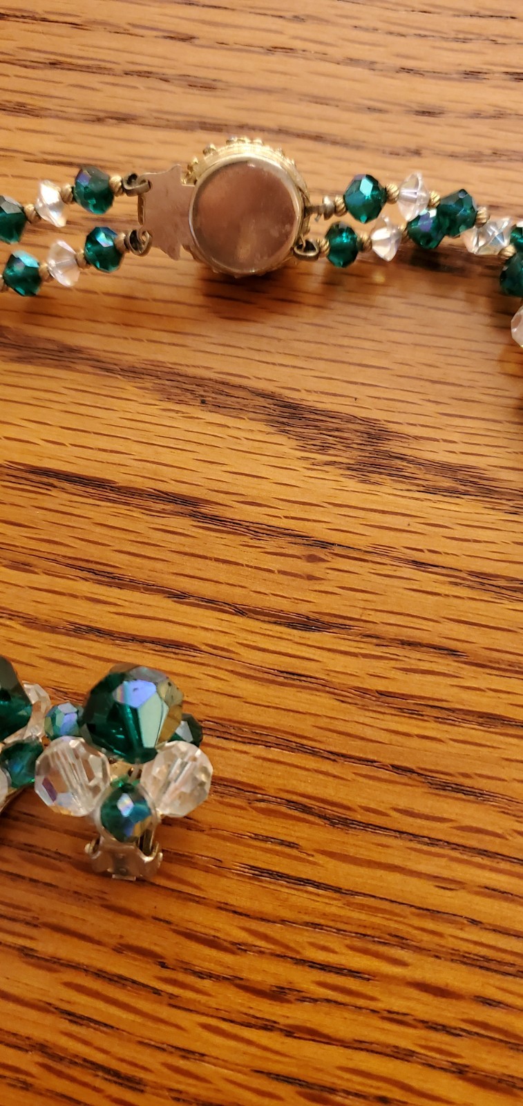 Vintage Emerald Green &Clear Aurora Borealis Double Strand Crystal Necklace set