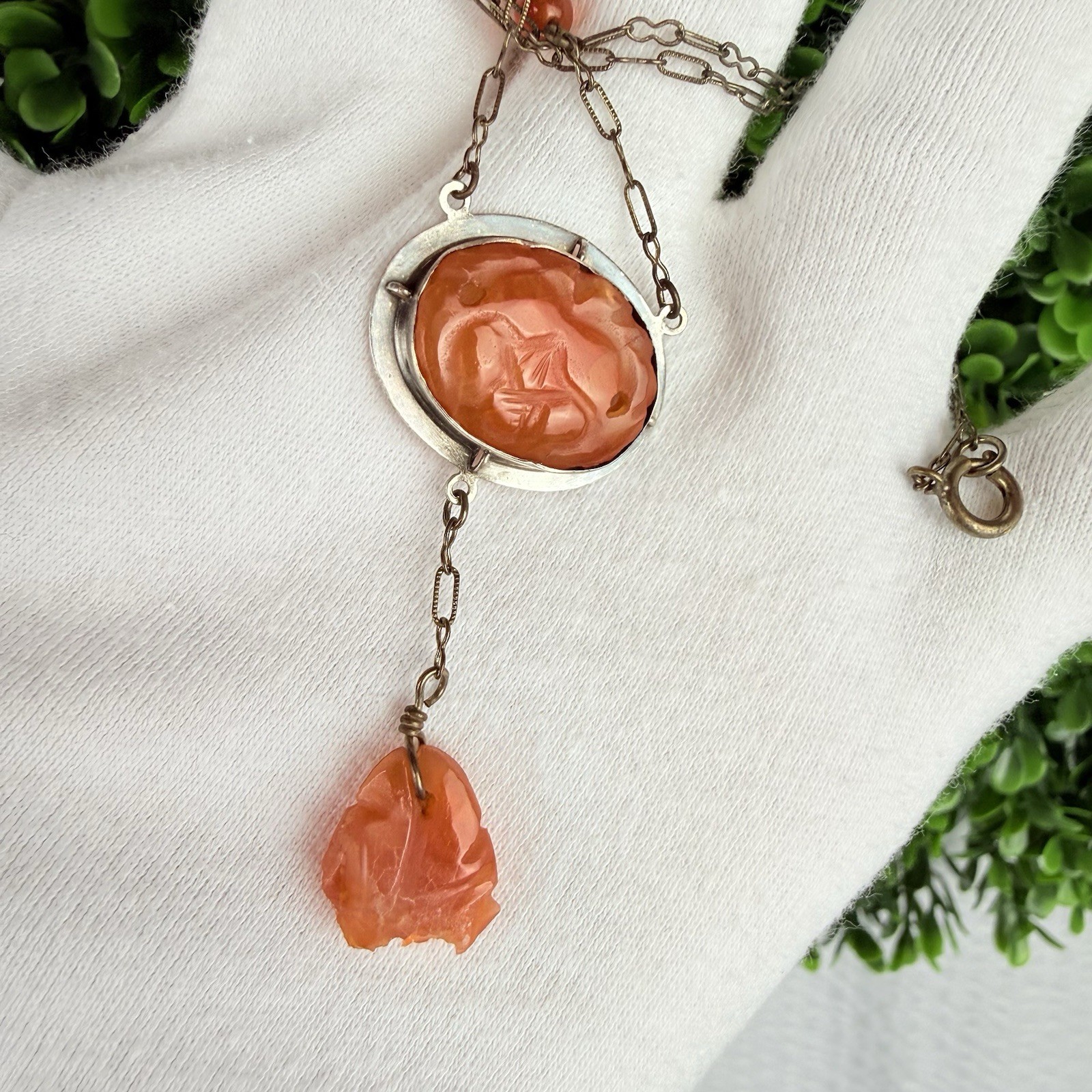 Antique Vintage Carved Carnelian Silver Pendant Necklace Art Deco