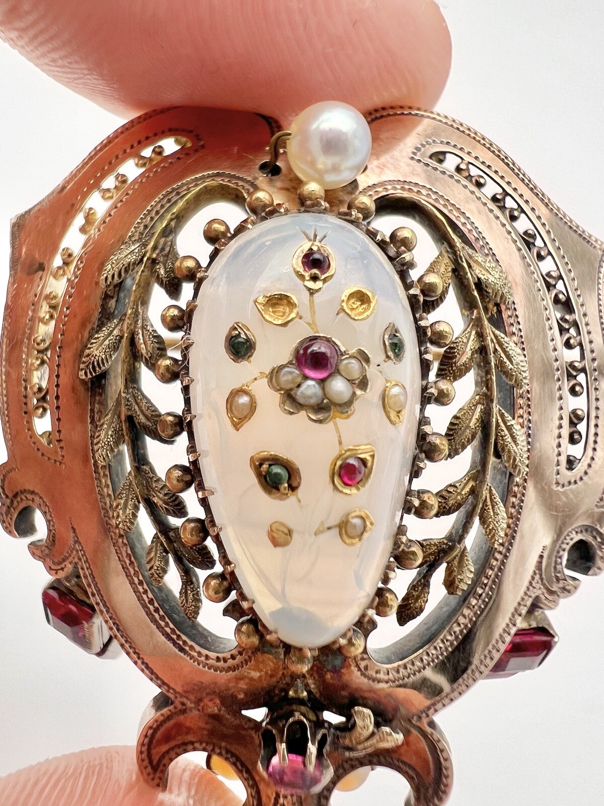 Victorian 14k Yellow Gold Rose of Sharon Opal & Ruby Emerald & Seed Pearl Brooch