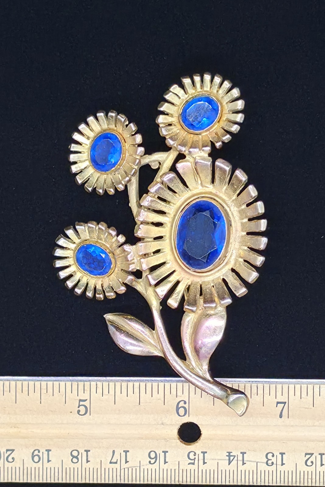 Vtg 1930s/40s Pot Metal Floral Spray Bouquet Blue Rhinestone Brooch Pin