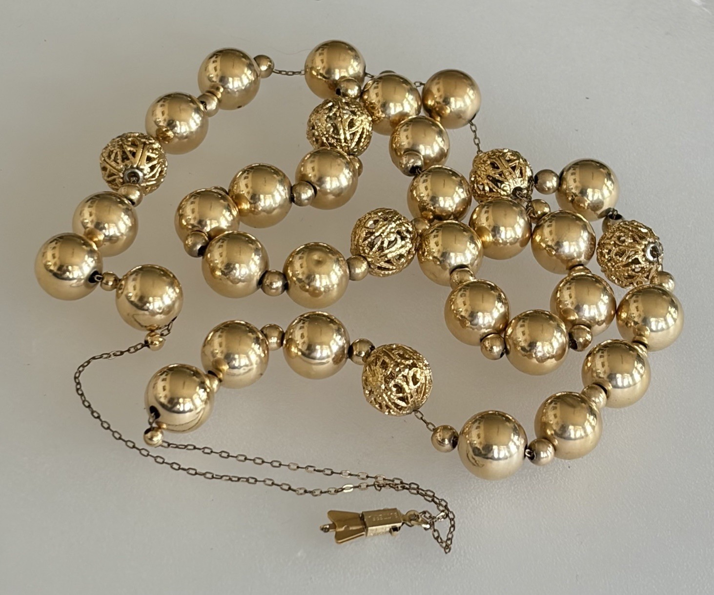 Vintage 14K GF Filigree Gold Ball Necklace Butterfly Clasp 16.5g 16” 1cm Beads