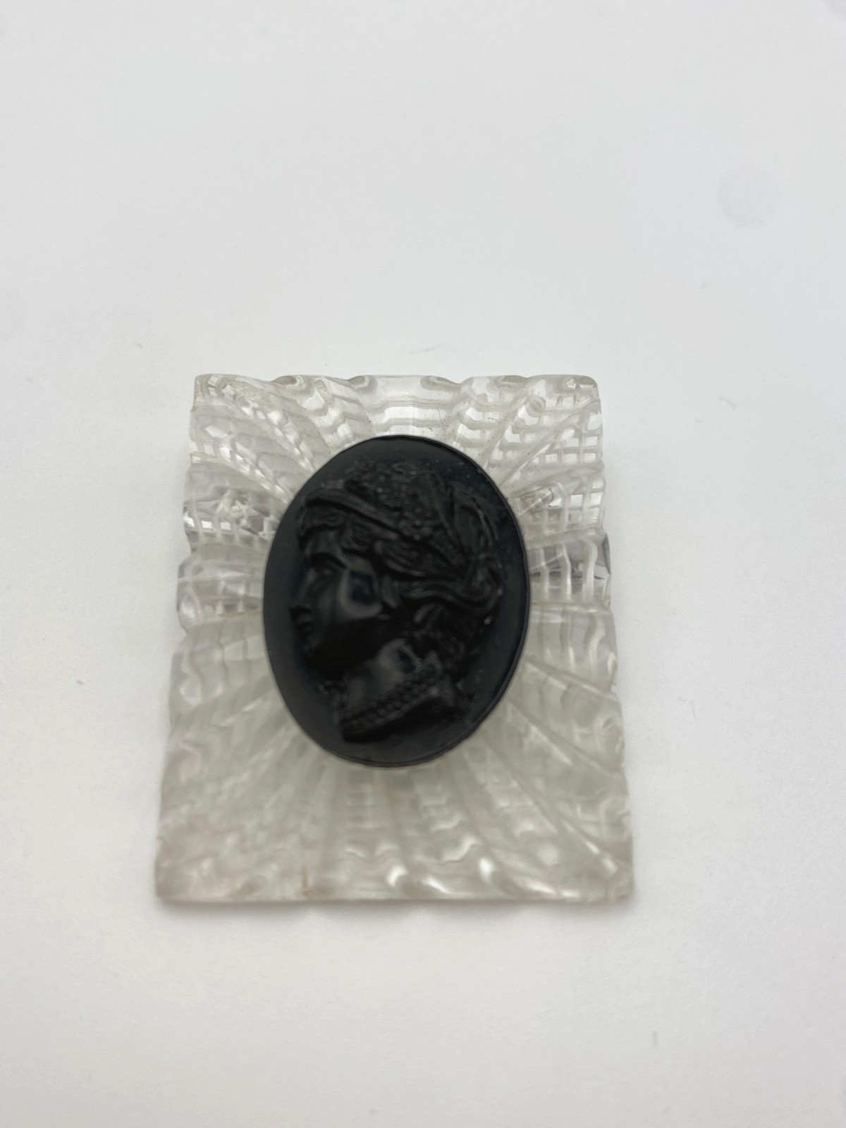 Vintage 1940s Mourning Brooch Black Cameo Reverse Carved Victorian Revival