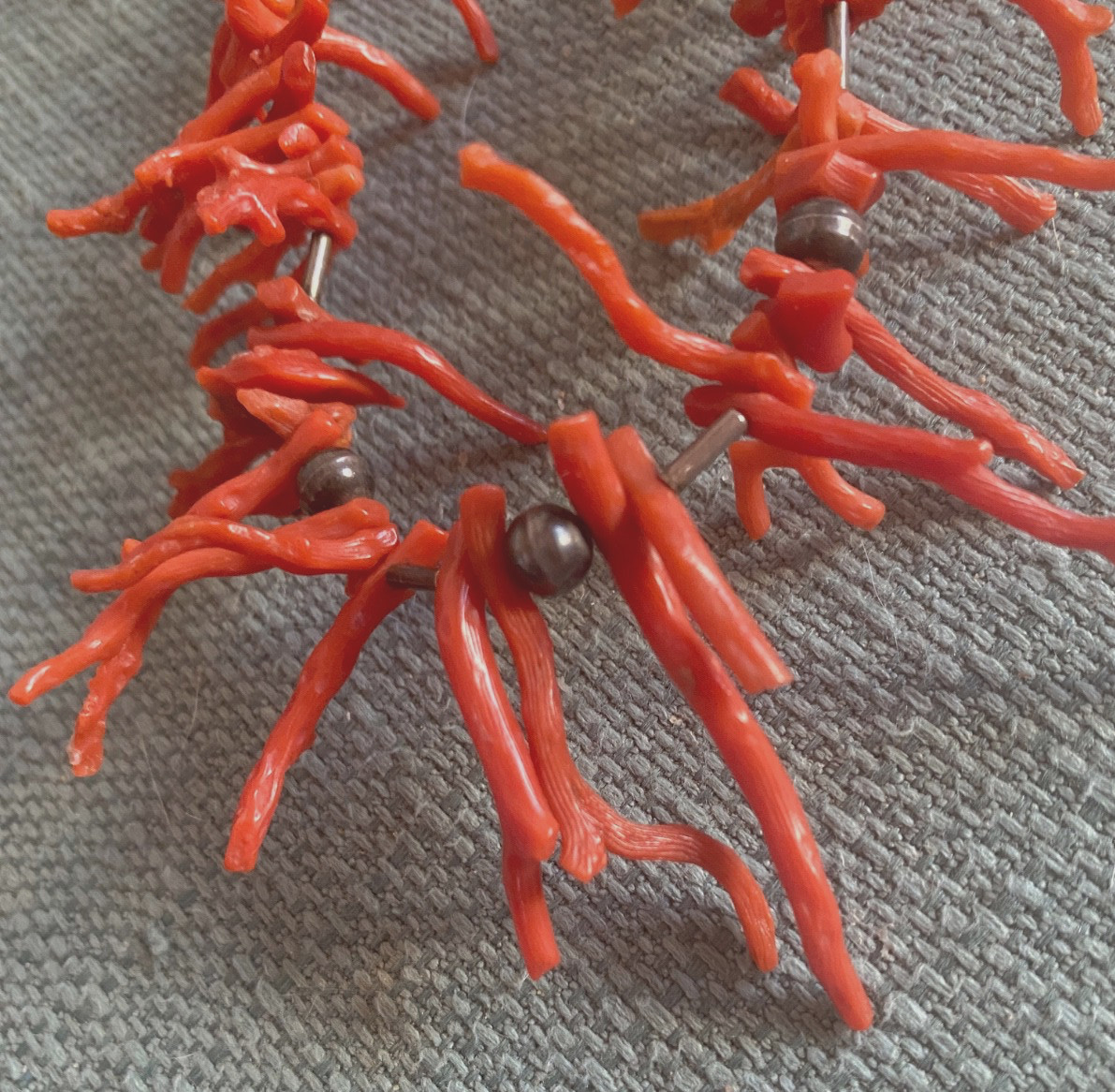 Vintage 1970’s Natural Branch Red Coral Necklace w Silver? Metal Beads 18″