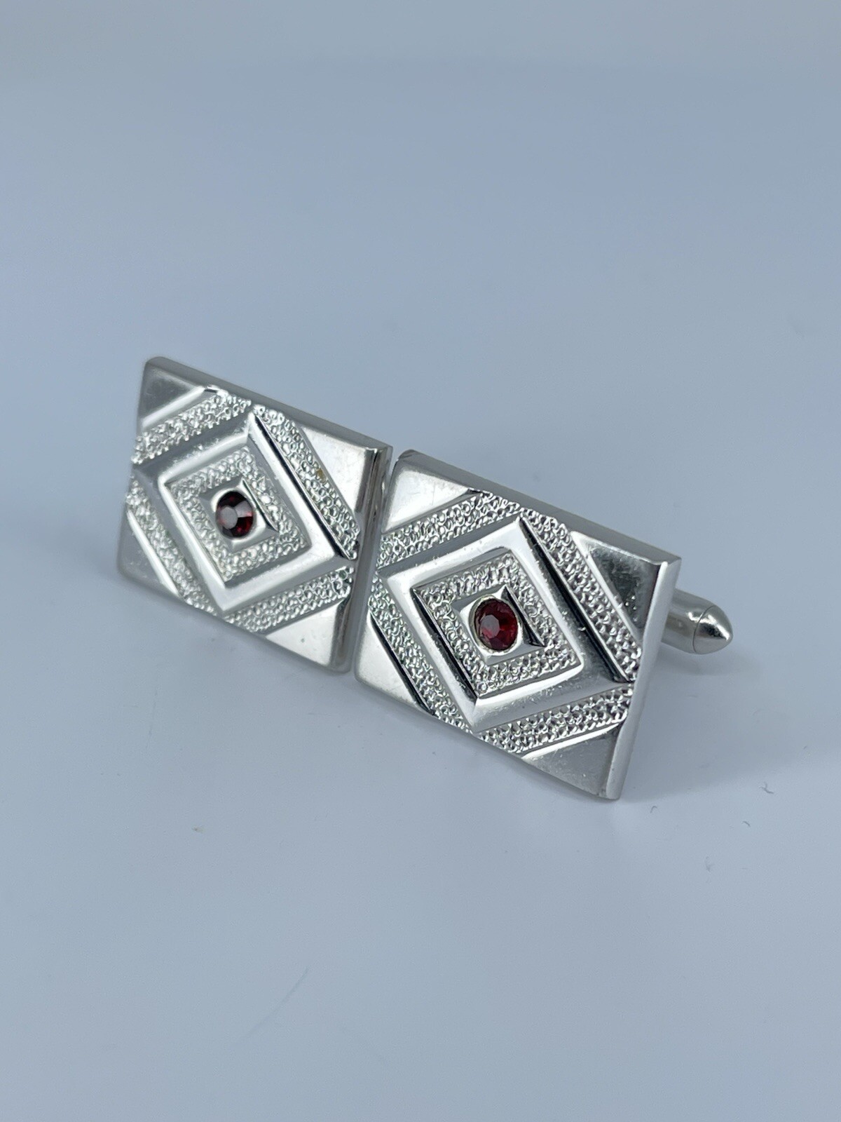 Swank rectangle cufflinks red rhinestone brushed polished silver tone