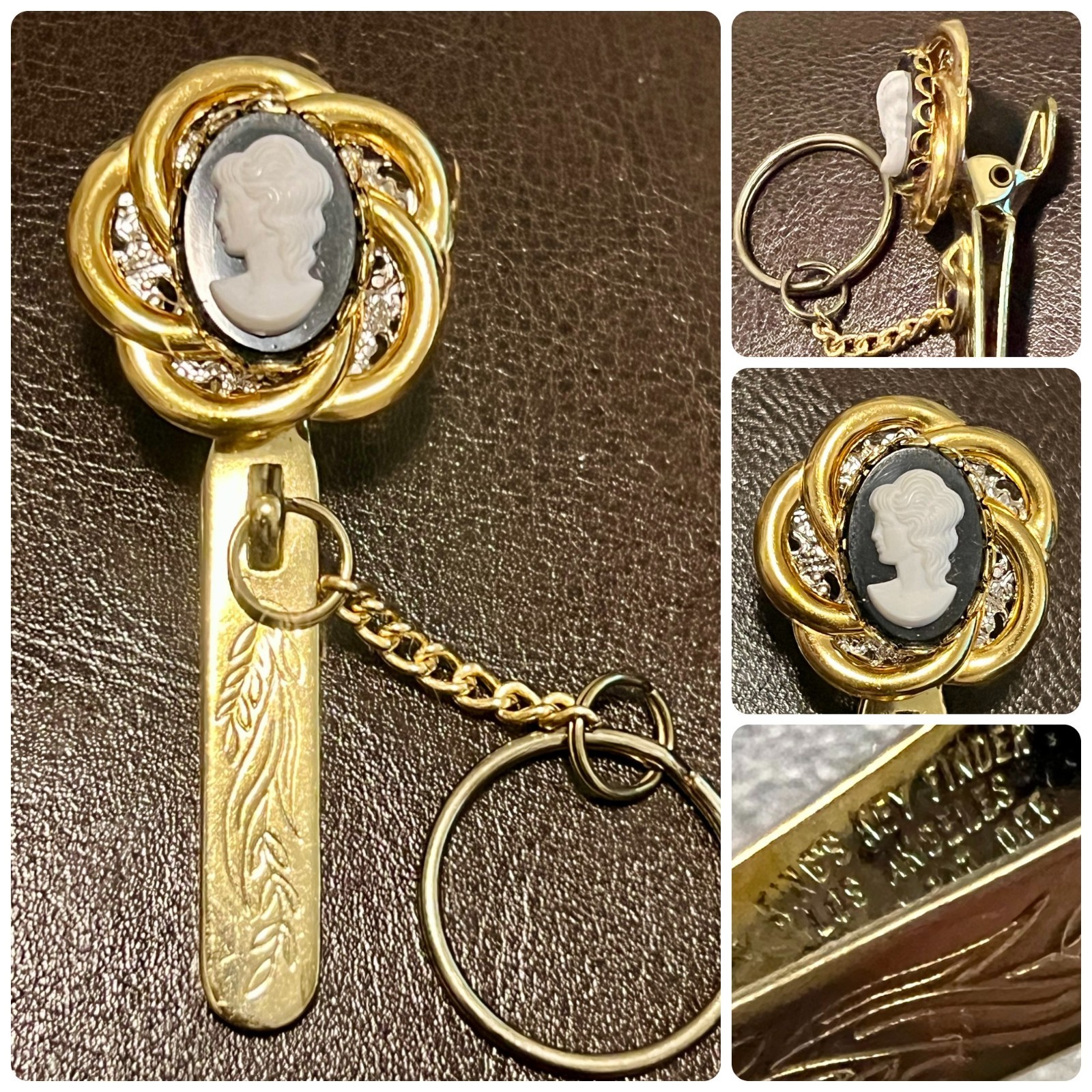Unique Vintage King’s Key Finder Filigree Cameo Purse Key Holder Clip Gold Tone