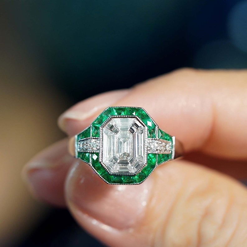 Art Deco 3Ct Lab Created Diamond and Emerald Anniversary 14K White Gold FN Ring