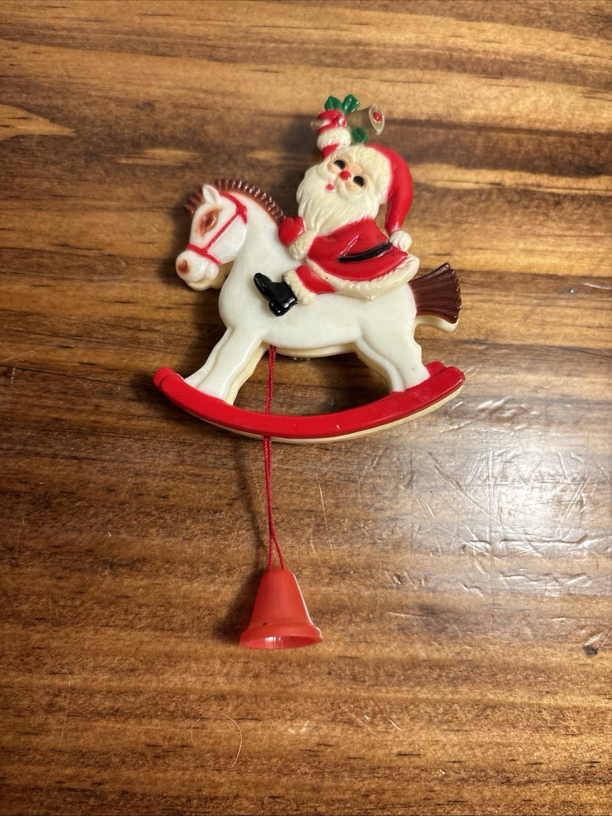 Vtg Christmas Pin Manual Pull String Plastic Santa Riding Rocking Horse MOVES