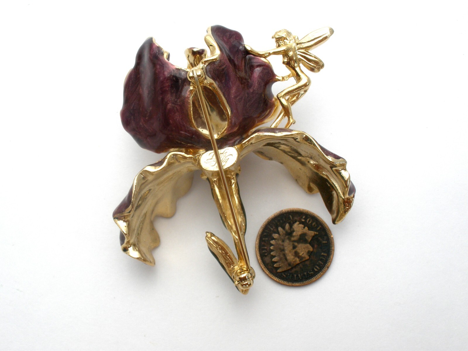 Kirks Folly Signed Brooch Purple Iris Enamel Orchid Pin With Golden Fairy
