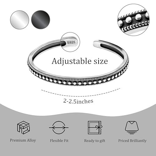 Vintage Silver Cuff Bangle Bracelet – Adjustable Open Design, Carved Dot, Boho J