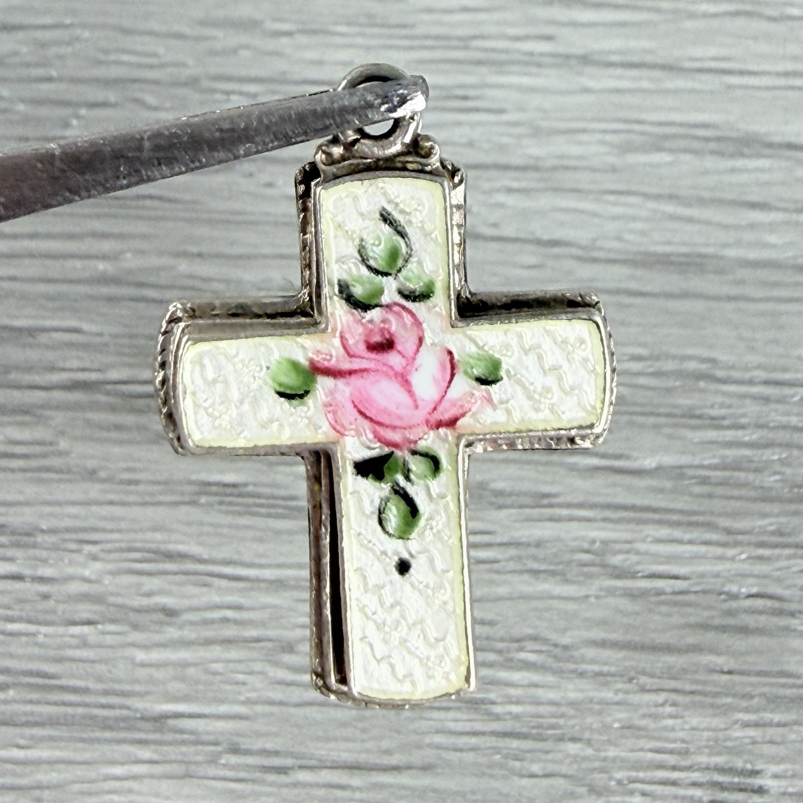 Vintage Possibly Antique Silver Guilloche Slider Rose Cross Necklace Pendant