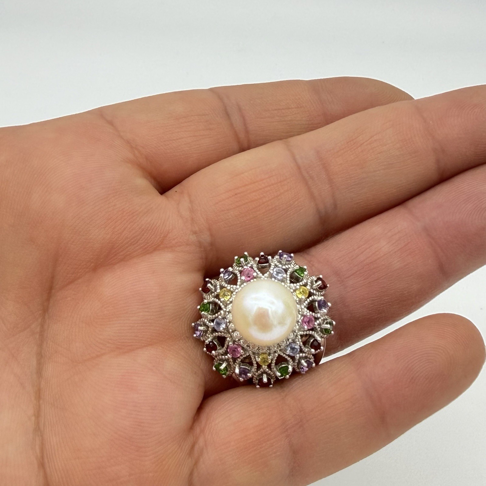 Vtg JZ Sterling Silver Pearl Gemstone Princess Ring Garnet Period Size 6 QVC