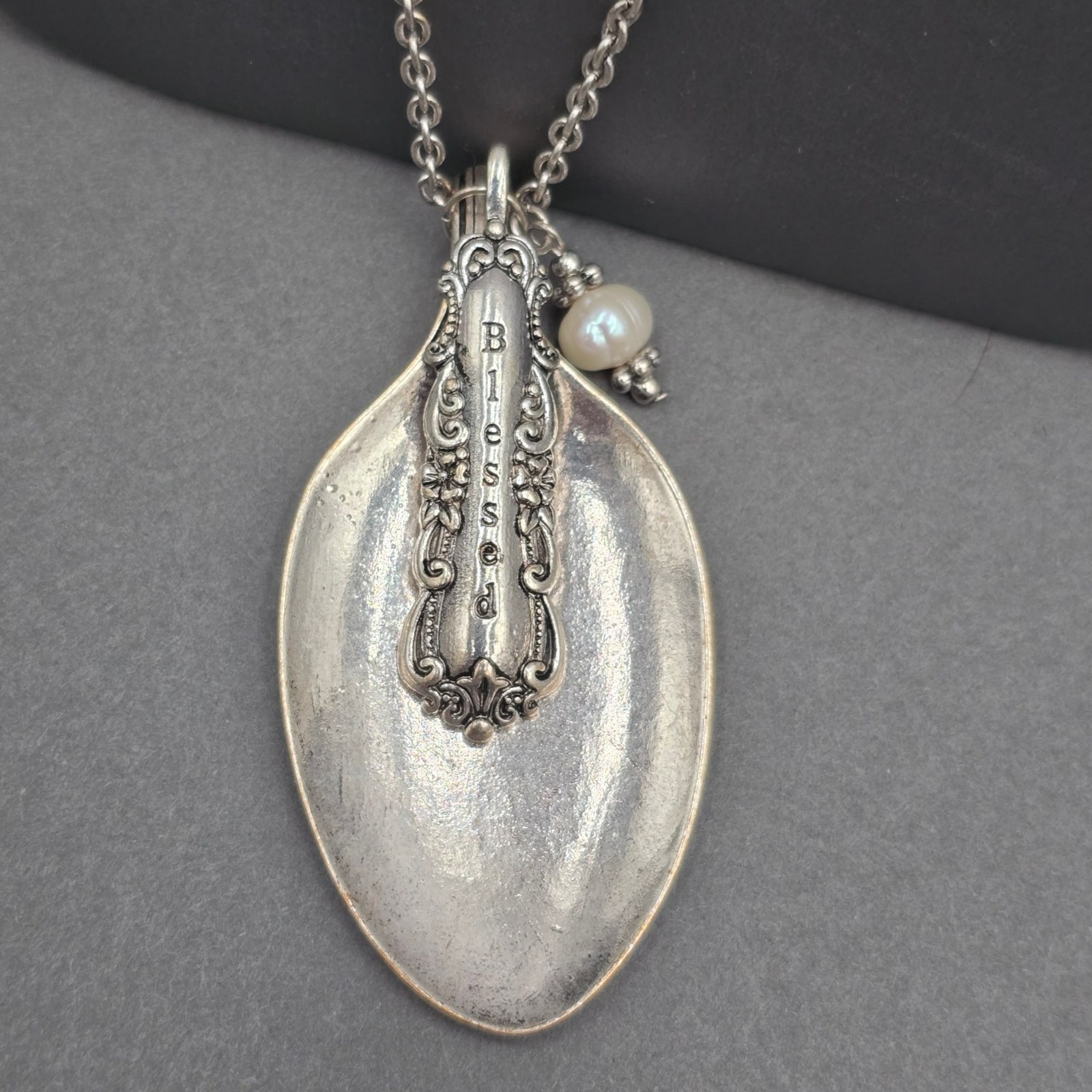 Vintage Blessed Spoon Pendant Necklace Silver Pearl Long Boho Statement Piece