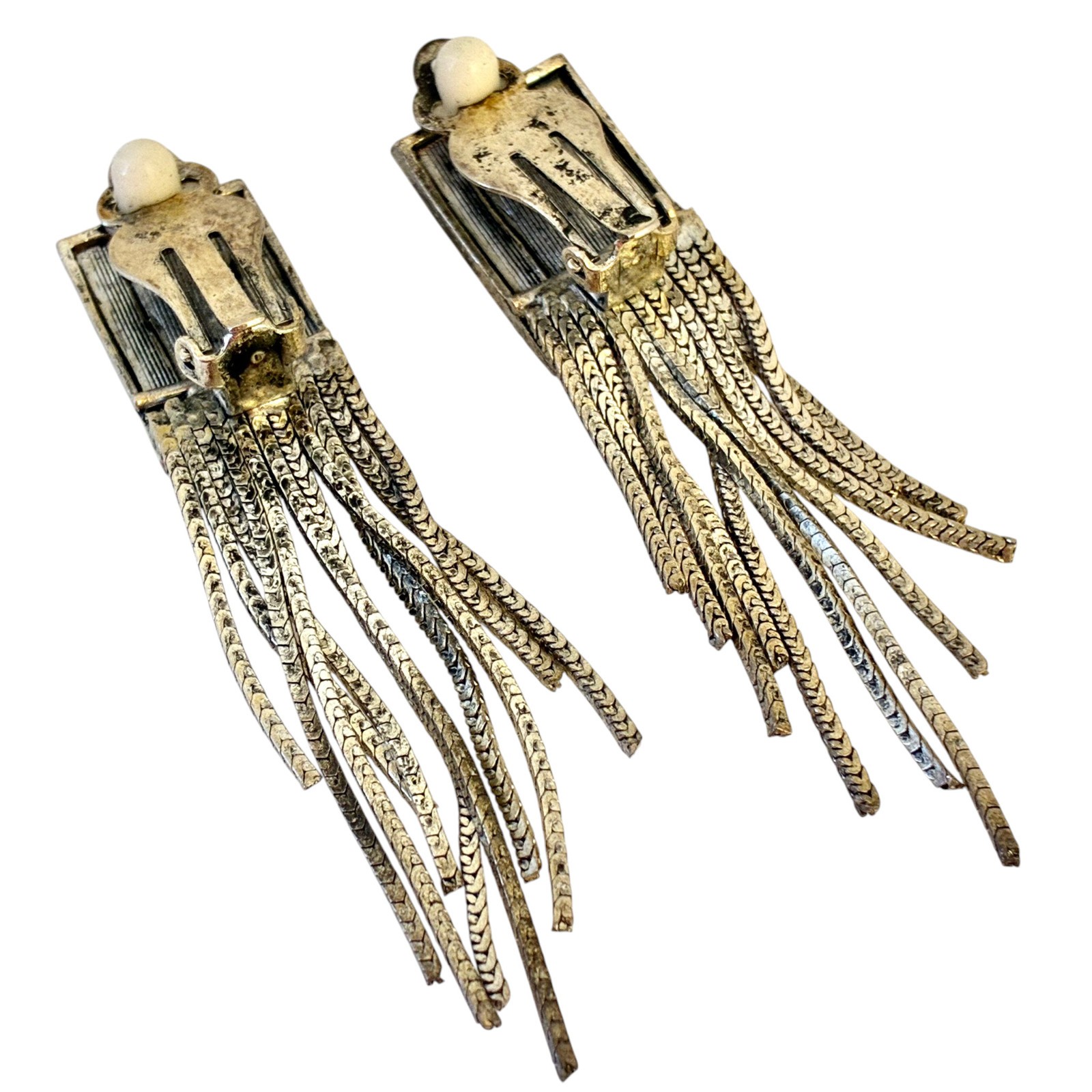 Vintage Turkish Metal Earrings Chain Fringe Dangle Tri-color CLIP-ON
