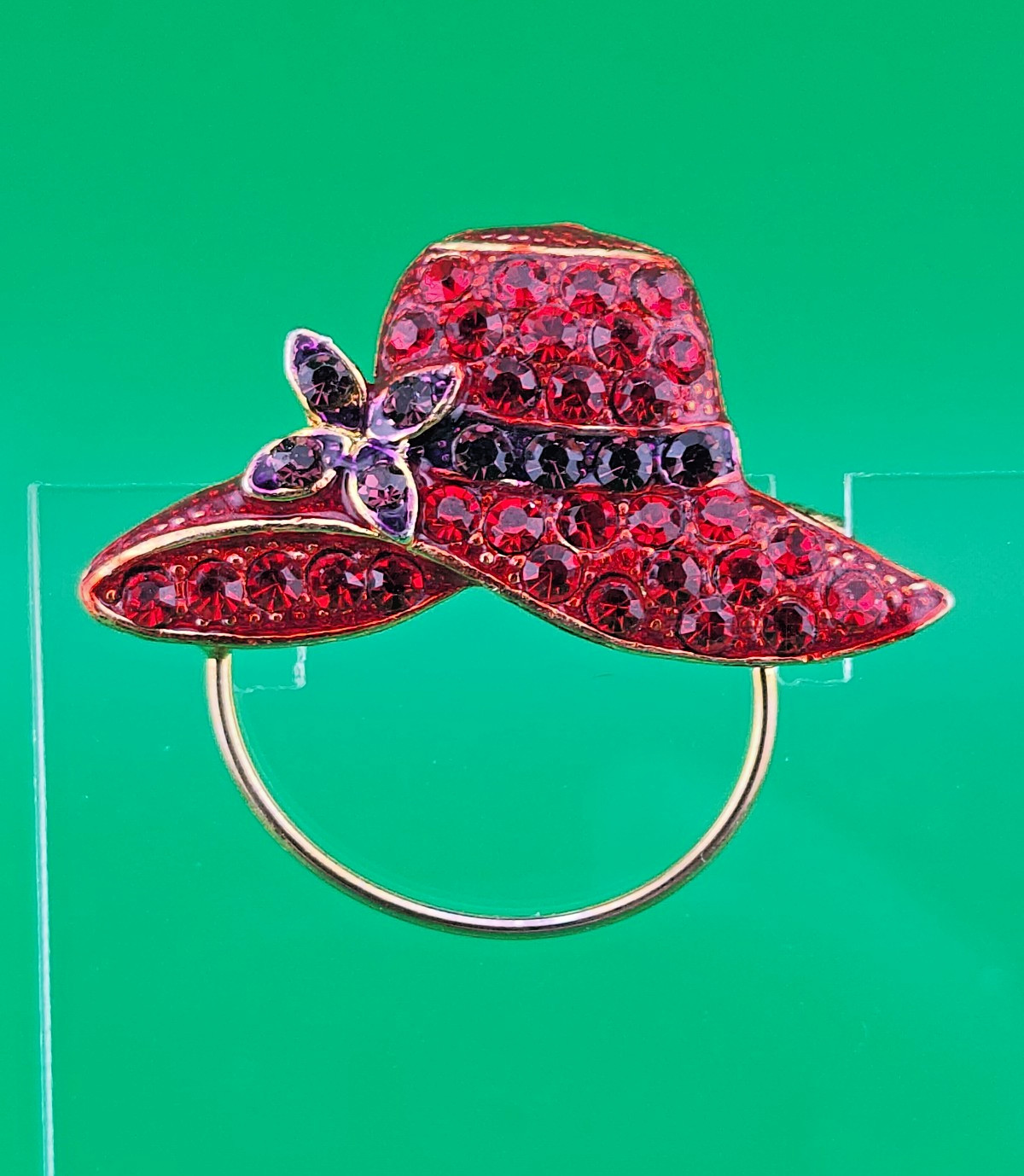 Red Hat Society Brooch Eyeglass Holder Lapel Vest Pin With Red & Purple Stones