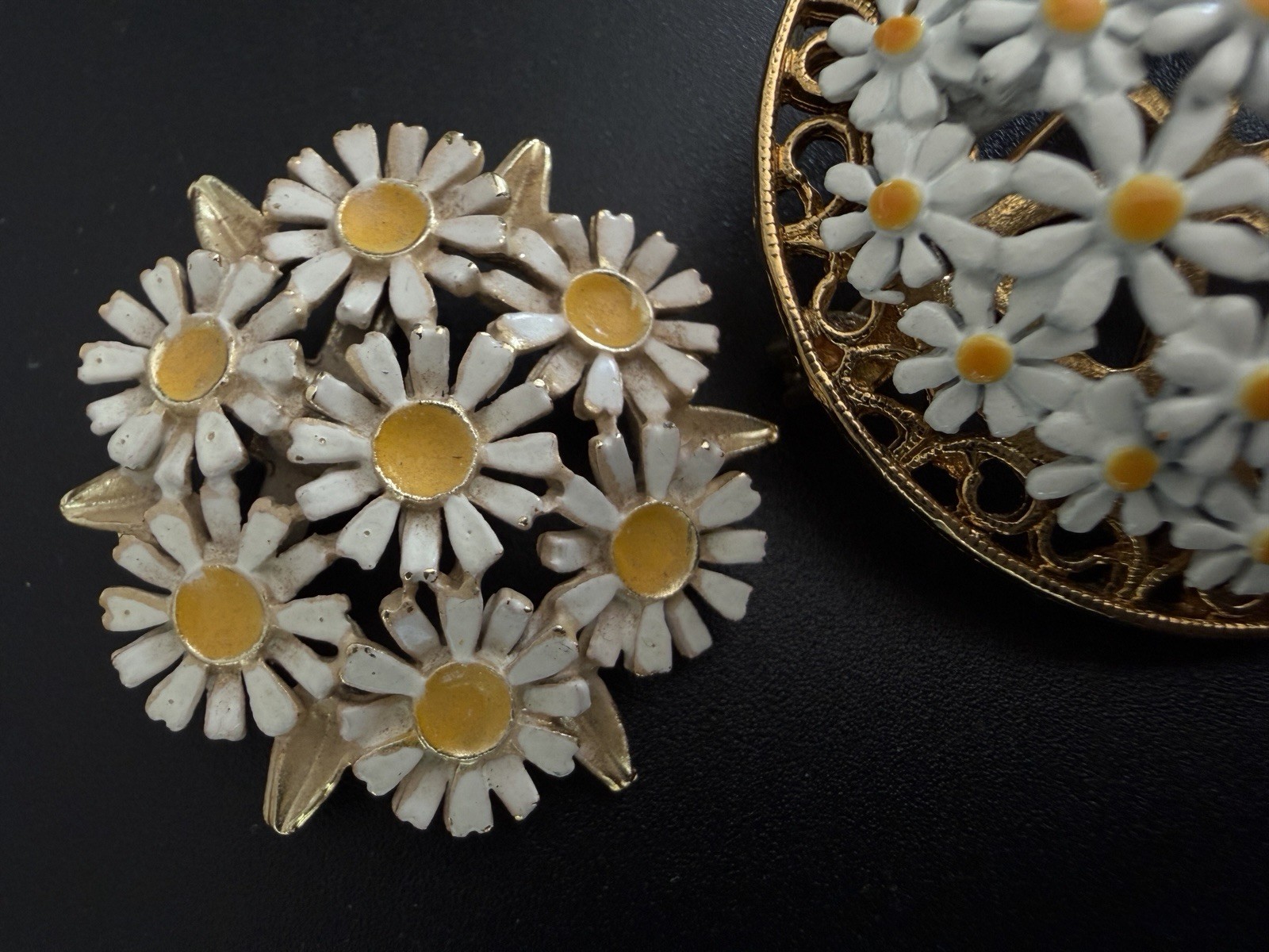 60s Lot 2 Daisy Brooch Mod White Enamel Flower Dome Pin Gold Vintage