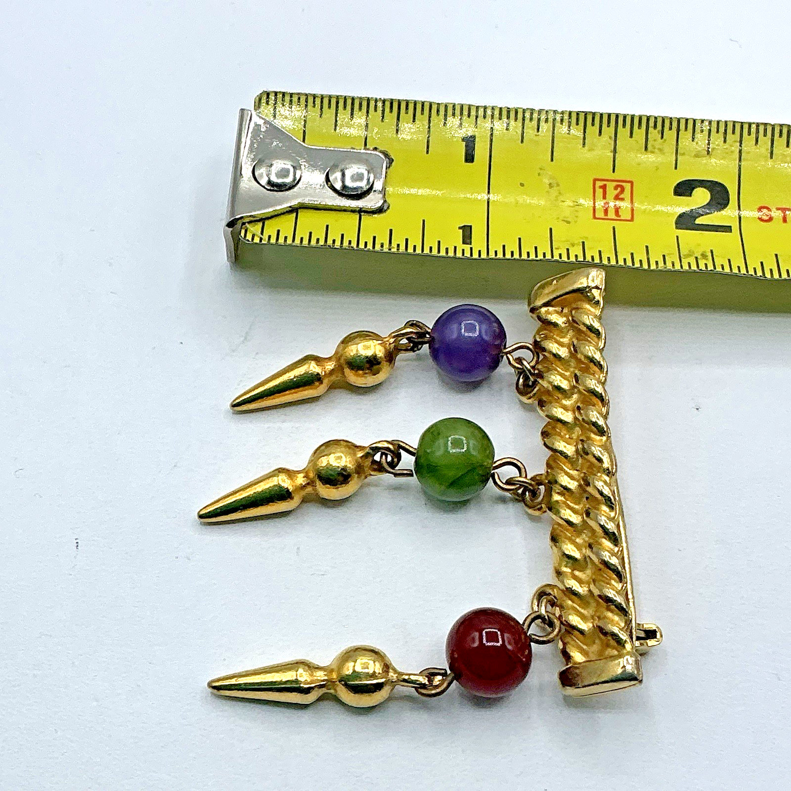 Vtg Gold Tone Bar Pin w/ Dangling Semi Precious Stones Purple Green Red Brooch