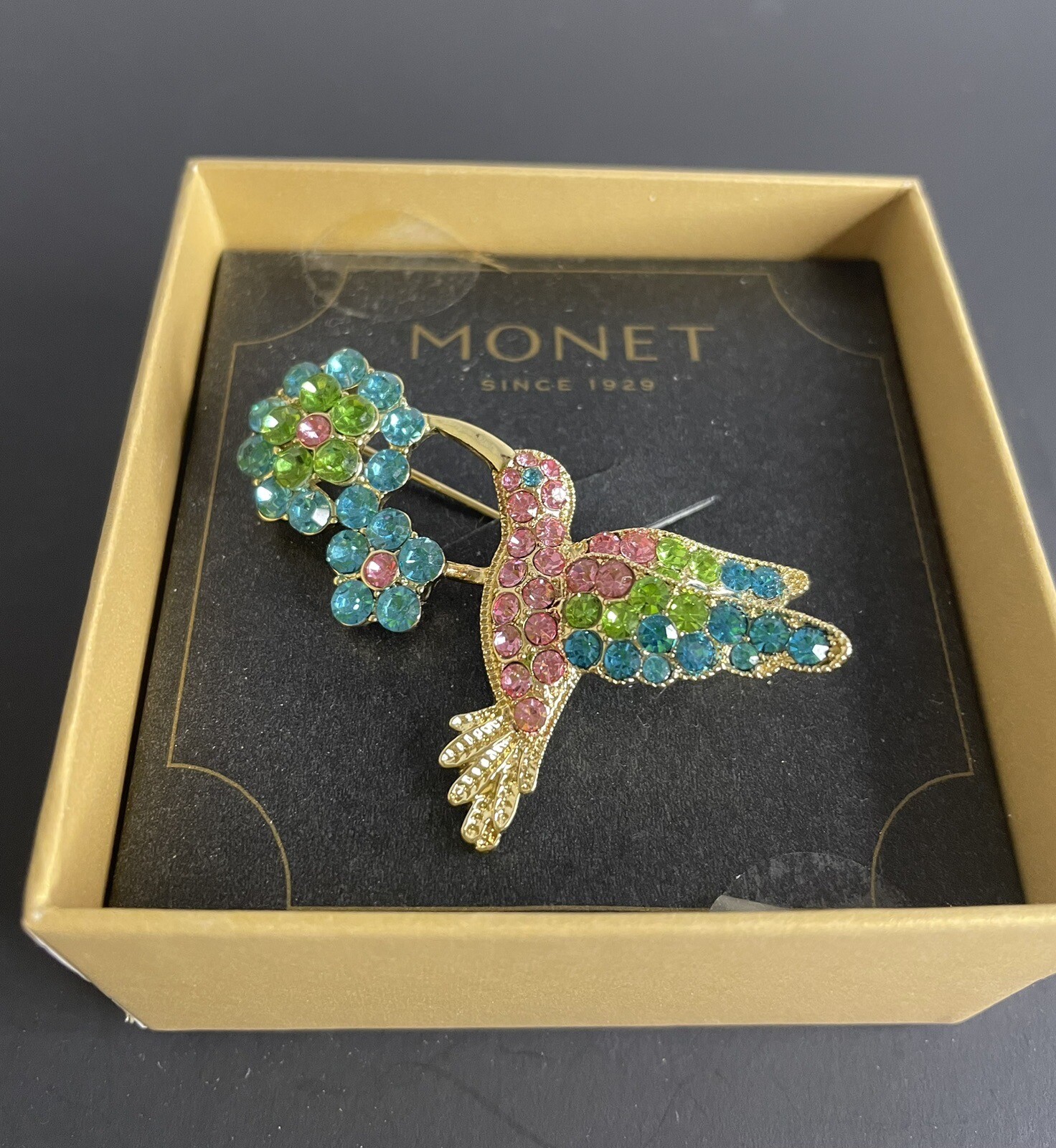 Vintage MONET Vivid Blue Green & Candy Pink Hummingbird Bird & Flower Brooch Pin