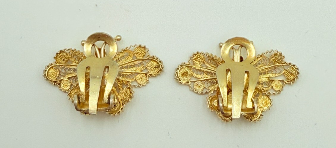 Antique 800 Silver Gold Wash Butterfly Filigree Link Bracelet & Clip On Earrings