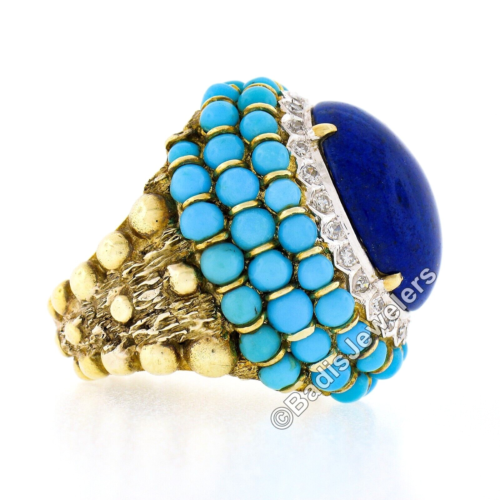 Vintage 14k Gold Cabochon Lapis Turquoise Bead & Diamond Textured Cocktail Ring