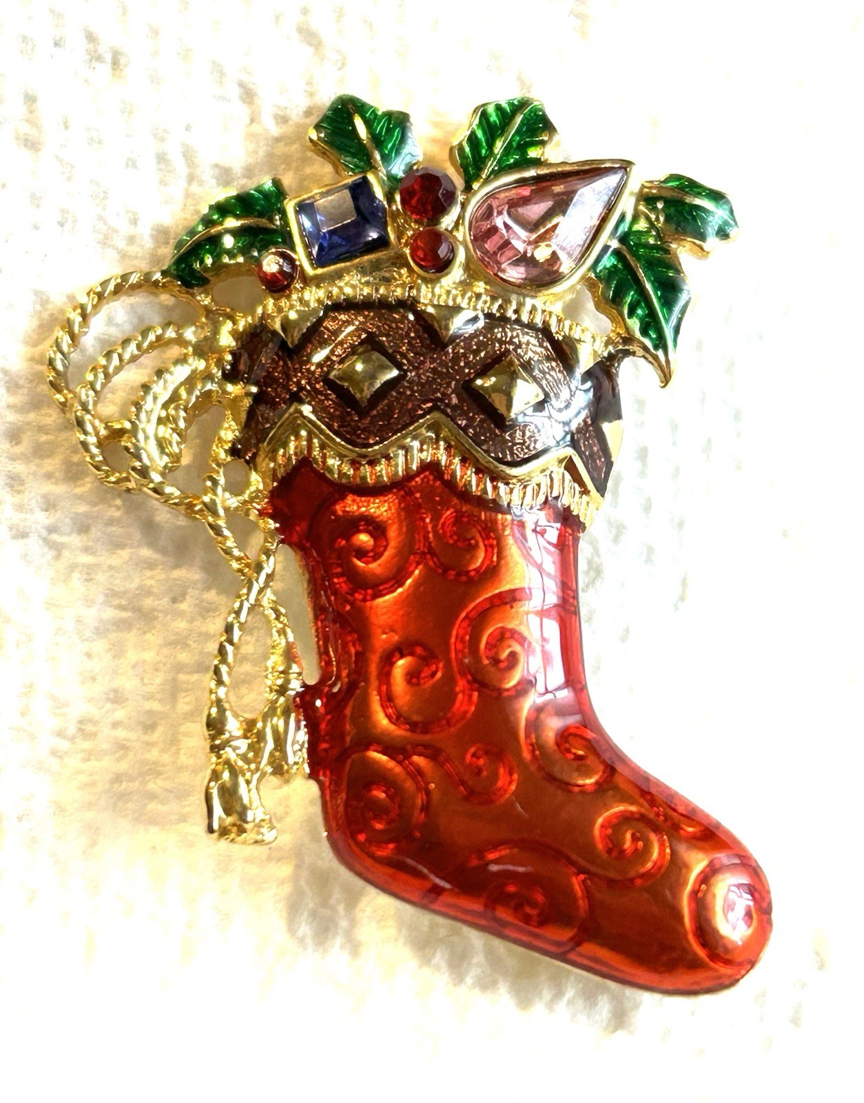 Christmas Brooch Christopher Radko Vintage Stocking Signed Designer Collectible