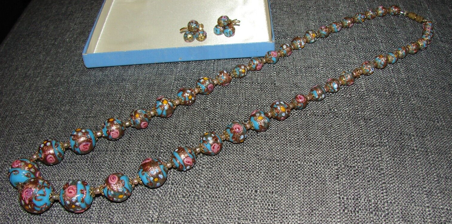 Vintage Venetian Murano Pink Blue Wedding Cake Beads Necklace and Clip Earrings