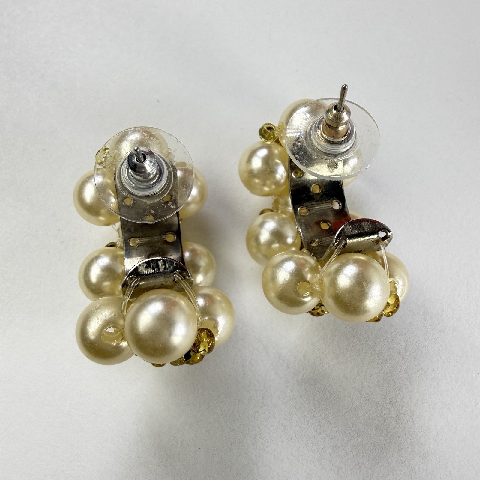 Vtg Faux Pearl Cluster Earrings Omega Back Post Ivory Gold Beaded Bridal