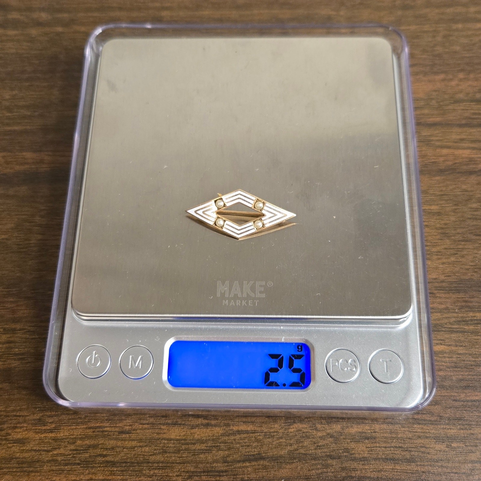 Antique Art Deco 10K Yellow Gold Seed Pearl Lozenge Brooch Pin 1920s
